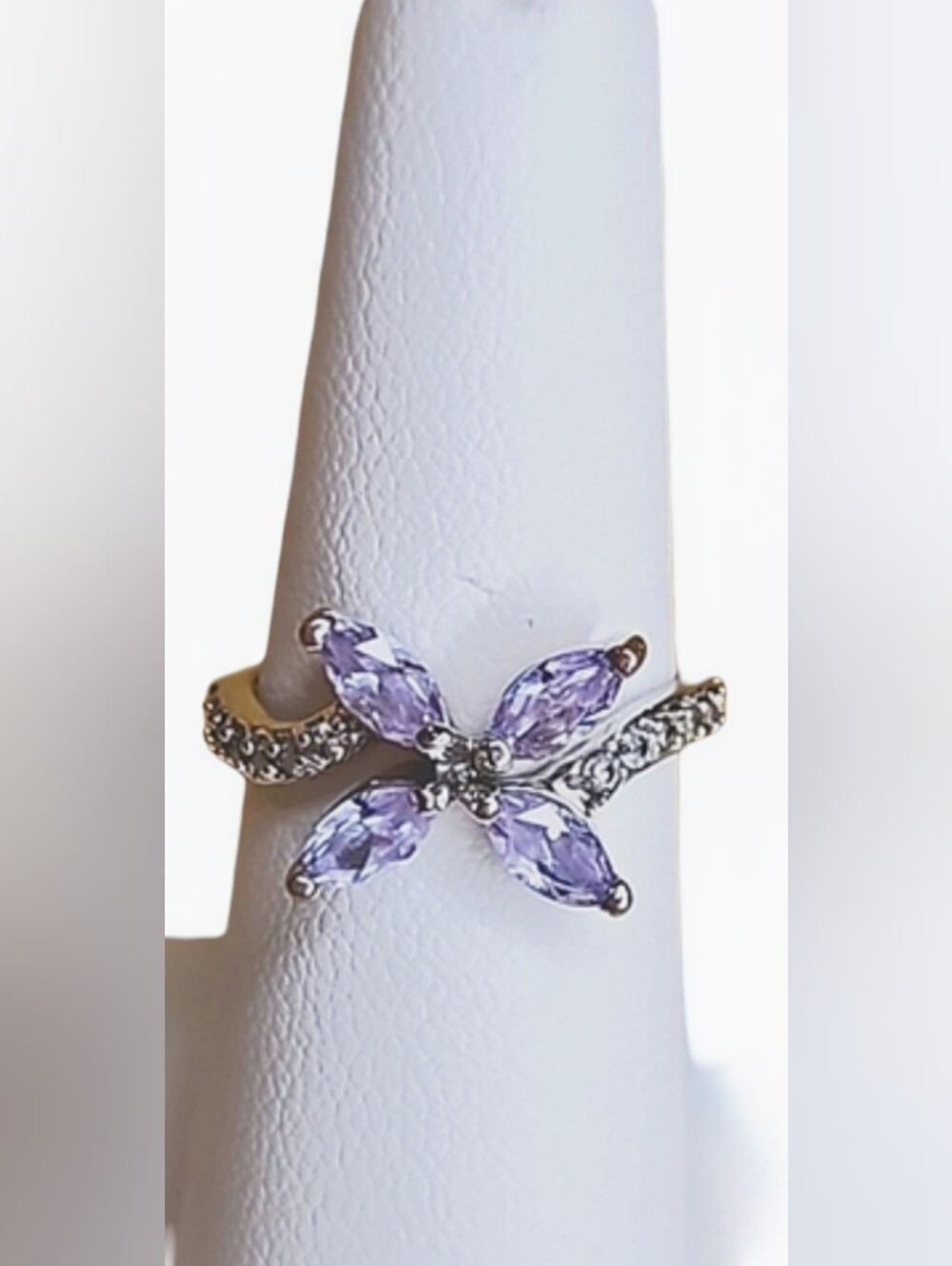 Silver Purple Butterfly Ring Marquise Lavender Rhinestone Bypass Band Size 7